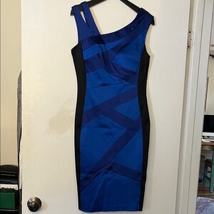 Jax Full-Shoulder & Split-Shoulder Royal Blue & Black Sheath Dress. Satin-Like